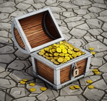 Cartoon treasure chest full of gold coins standing on stone floor. 3D illustration.