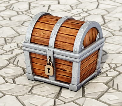 Cartoon treasure chest standing on stone floor. 3D illustration.