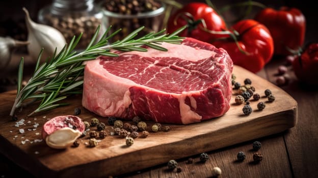 This photo captures the essence of a perfectly cooked steak with its marbling, deep red color, and the aroma of fresh herbs. The rustic wooden board adds to the charm of the image, giving it a natural and warm feel. The natural lighting highlights the ingredients, adding to the visual appeal. Perfect for food enthusiasts and chefs who appreciate the beauty of well-prepared meat dishes.