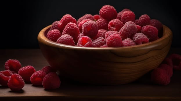 A tantalizing photo of ripe raspberries in a wooden bowl, accentuated with sparkling water droplets on a seamless background. The low angle shot captures the intricate details of the fruit, showcasing their glossy texture and vibrant color. The professional color grading, soft shadows, and high-end retouching make this photo perfect for food magazine photography, advertising, and commercial use. Shot using a Hasselblad camera with ISO 100 and a clean sharp focus.