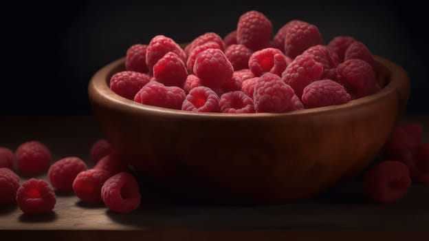This stunning photograph features a pile of fresh raspberries in a rustic wooden bowl, sitting on a seamless background and adorned with glistening droplets of water. Shot using a Hasselblad camera with ISO 100, the image boasts highly detailed and sharp focus, soft shadows, and professional color grading. Ideal for food magazine photography, award-winning photography, advertising photography, and commercial photography.
