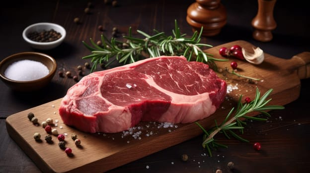 A mouth-watering photo of a raw beef steak on a wooden cutting board, adorned with fresh ingredients like garlic, rosemary, and thyme. The steak is expertly prepared and shown in great detail, with visible marbling and a rich, deep red color. The kitchen is brightly lit with natural light, adding warmth and ambiance to the scene.