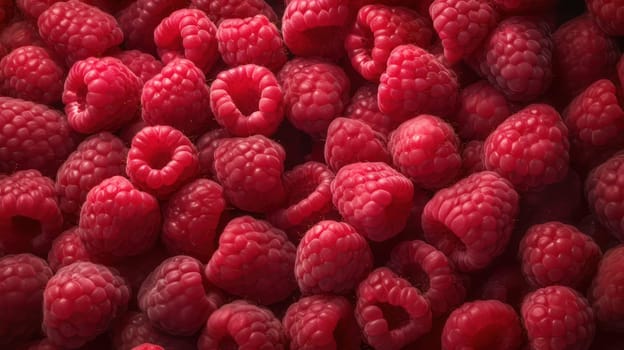 A mouth-watering photograph of fresh raspberries piled high on a seamless background, shot using a Hasselblad camera with ISO 100. The image features highly detailed raspberries with glistening droplets of water and soft shadows, professionally color-graded with clean sharp focus and high-end retouching. Perfect for food magazine photography, advertising, and commercial use.