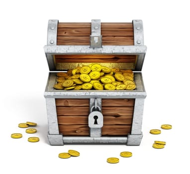 Cartoon treasure chest full of gold coins isolated on white background. 3D illustration.