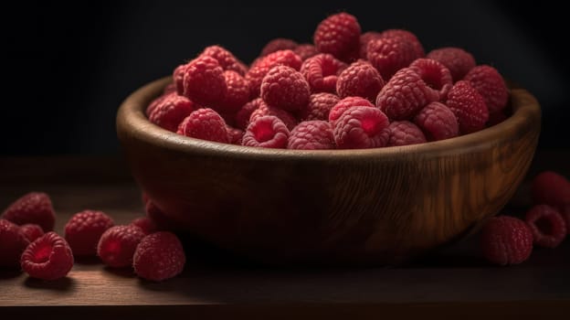 This mouth-watering photograph captures the beauty of ripe and juicy raspberries in a wooden bowl, glistening with droplets of water on a seamless background. Shot from a low angle with highly detailed focus and soft shadows, this image was captured using a Hasselblad camera with ISO 100 and professional color grading. With high-end retouching, this photograph is perfect for food magazine photography, award-winning photography, advertising photography, and commercial photography.