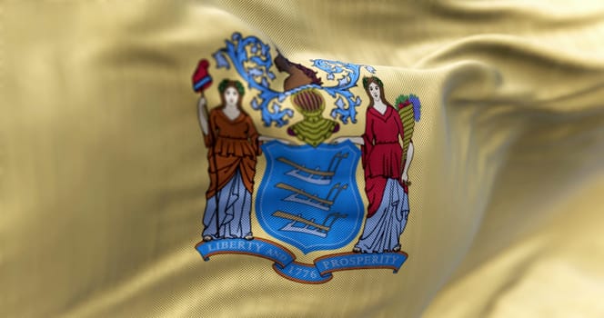 Close-up of the New Jersey state flag. Coat of arms on buff background. US state. Rippled fabric. Textured background. 3d illustration render. Close-up. Selective focus. Fluttering textile