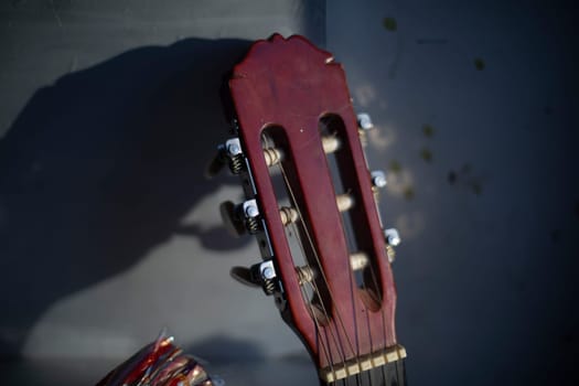 Guitar vulture. Musical instrument. strings on acoustic guitar. String tensioning taps.