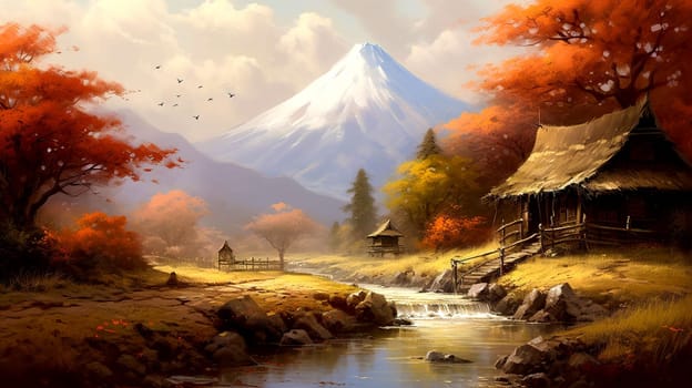 Landscape with Mount Fuji. A small village on the banks of a stream. Autumn forest. AI illustration.