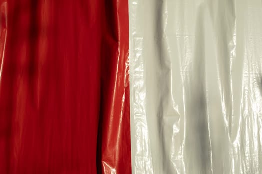 Red and white. Cover in jacket. City chicken wall. Vinyl banner.