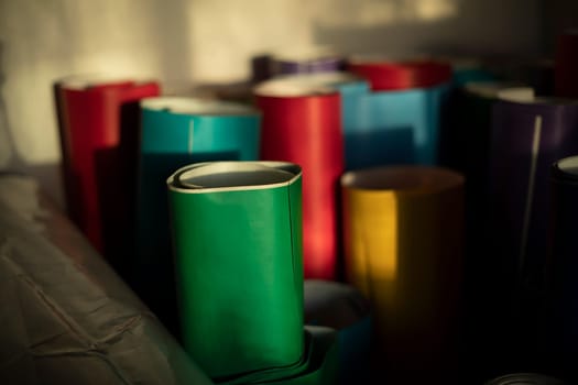 Colored paper. Film rolls. Adhesive paper for decorative works. Creative material.