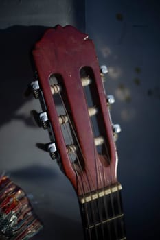 Guitar vulture. Musical instrument. strings on acoustic guitar. String tensioning taps.