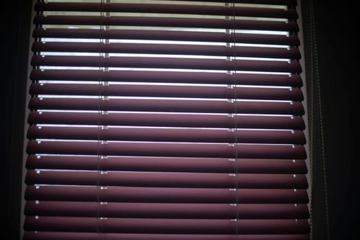 Blinds on window. Window in apartment. Closed blinds. Light through glass.