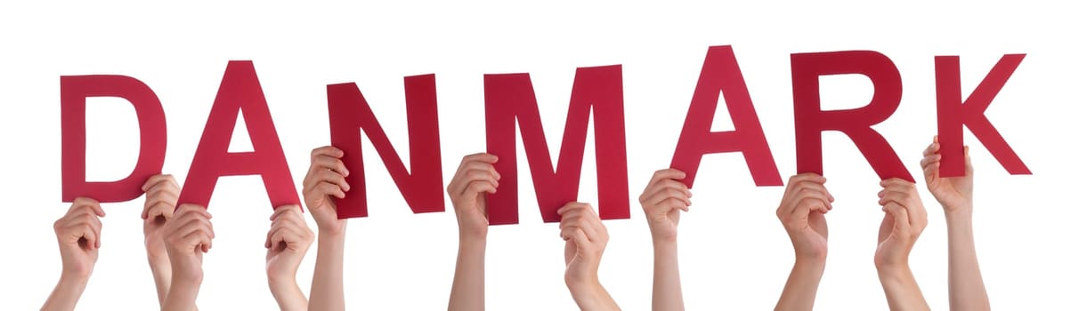 People Or Persons Hands Building Danish Word Danmark Means Denmark. Isolated White Background.