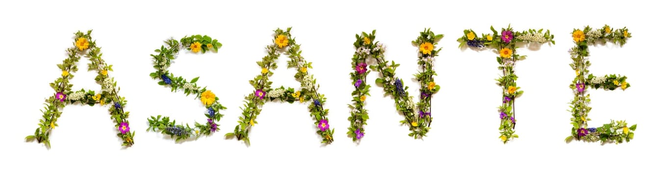 Colorful Flowers Building Swahili Text Asante, Means Thank You in English, Some Green And Some Spring Flowers on Isolated White Background, Symbolic Meaning, Quote