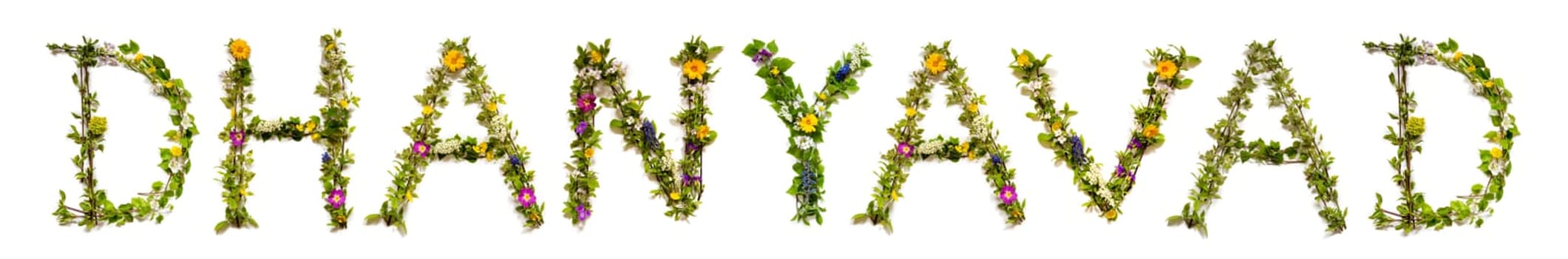 Colorful Flowers Building Hindi Text Dhanyavad, Means Thank You in English, Some Green And Some Spring Flowers on Isolated White Background, Symbolic Meaning, Quote