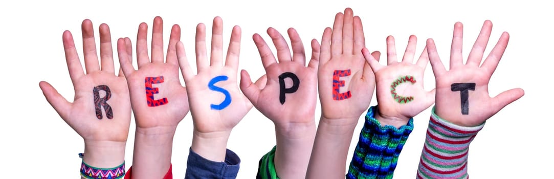 Children Hands Building Colorful English Word Respect. Isolated White Background.