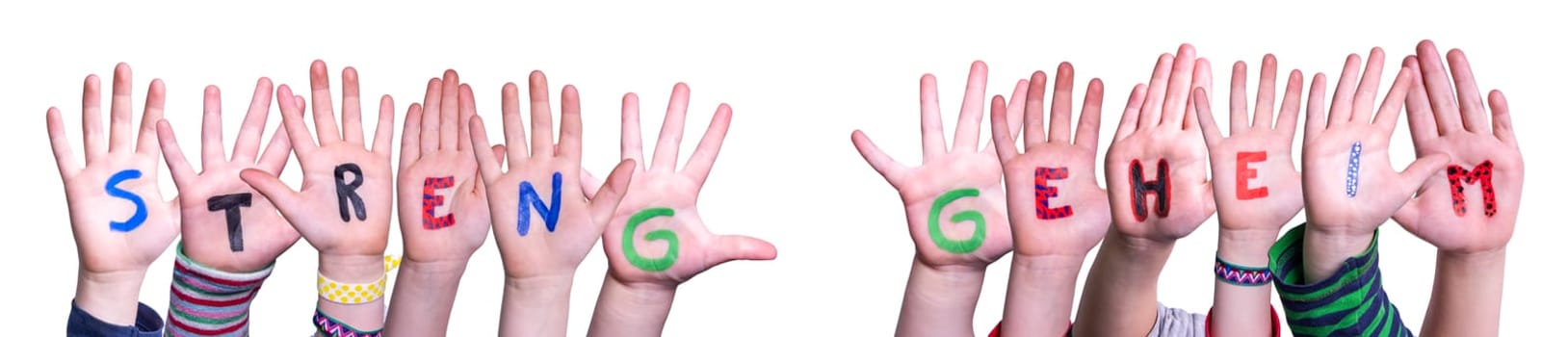 Children Hands Building Colorful German Word Streng Geheim Means Top Secret. Isolated White Background.