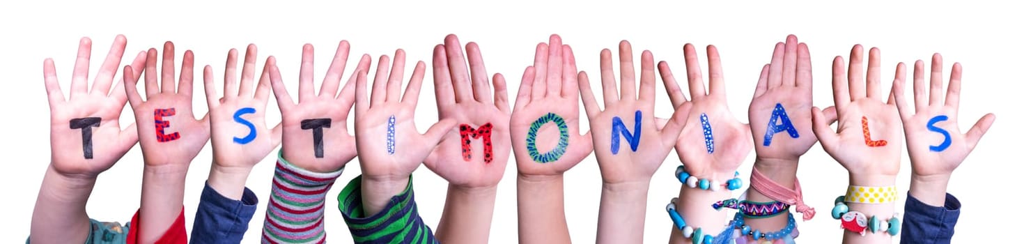 Children Hands Building Colorful English Word Testimonials. Isolated White Background.