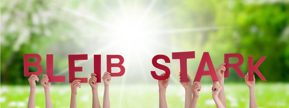 People Or Persons Hands Building German Word Bleib Stark Means Be Strong. Sunny Green Grass Meadow As Background.