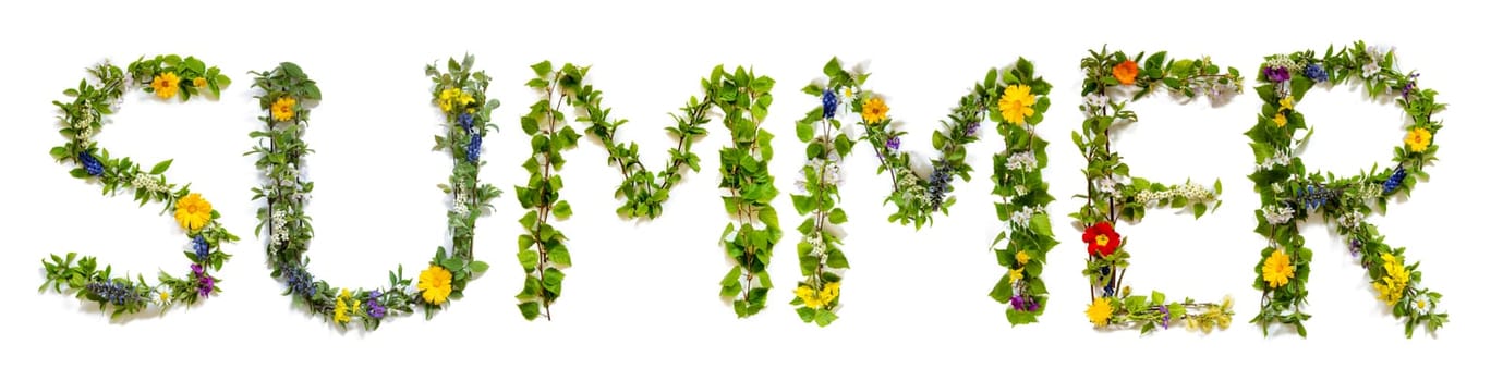 Blooming Flower Letters Building English Word Summer. Summer And Spring Season Blossoms And Flower Lei.