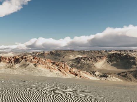Computer generated 3D illustration with a desert landscape and blue sky with clouds