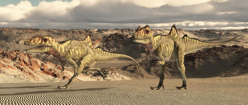Computer generated 3D illustration with the dinosaur Concavenator in a desert landscape