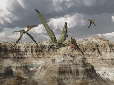 Computer generated 3D illustration with the pterosaur Pterodactylus over a mountain landscape