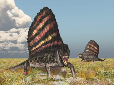 Computer generated 3D illustration with the pelycosaur Dimetrodon in a landscape