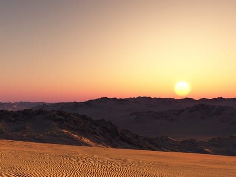 Computer generated 3D illustration with a sunset in the mountains