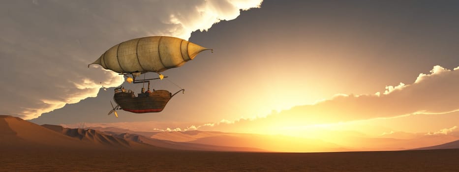 Computer generated 3D illustration with a fantasy airship over a landscape at sunset