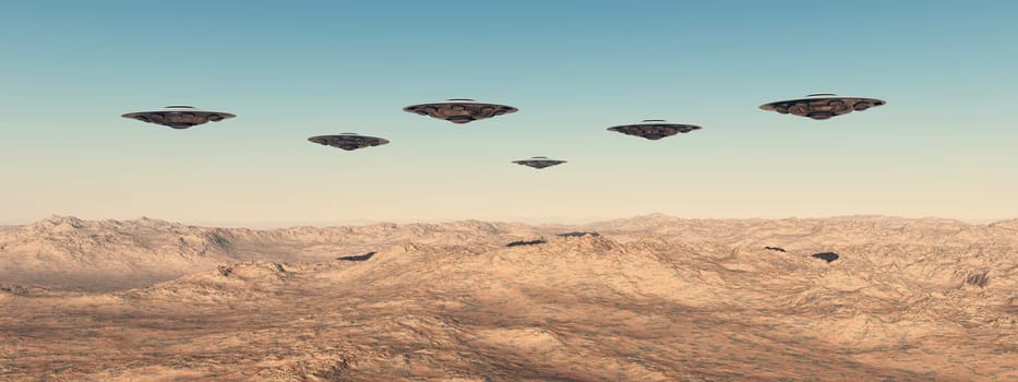 Computer generated 3D illustration with flying saucers over a landscape