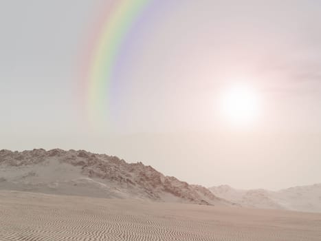Computer generated 3D illustration with a rainbow over a desert landscape