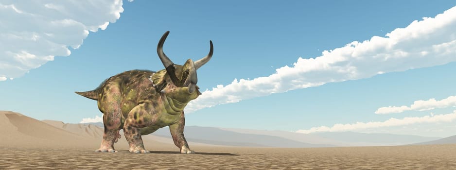 Computer generated 3D illustration with the dinosaur Nasutoceratops in a landscape