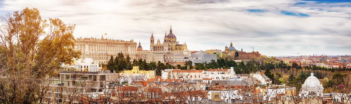 Panoramic view on the St. Mary Royal of the Almudena and the Royal Palace in Madrid, Spain. Concept of the tourism and famous places.