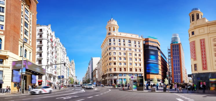 Crossroads on the Plaza del callao in Madrid, Spain. Concept of the tourism and world famous places.