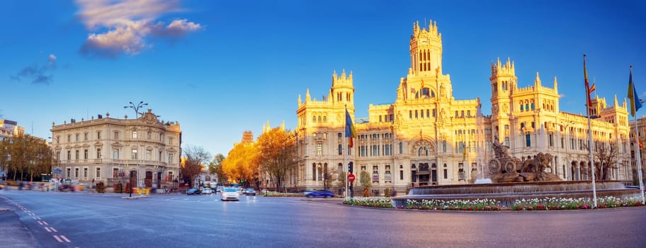 Night view on the square with Cybele Palace in Marid, Spain. Famous historical place.