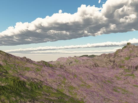 Computer generated 3D illustration with a mountain landscape