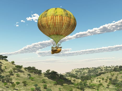 Computer generated 3D illustration with a fantasy hot air balloon over a mountain landscape