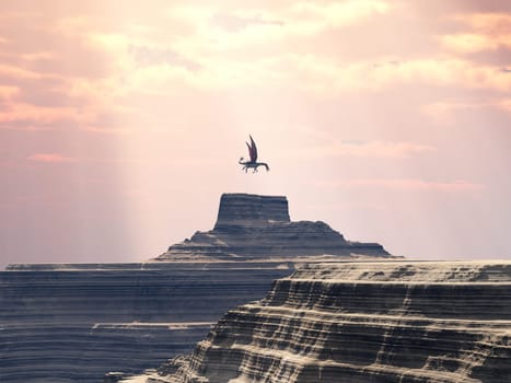 Computer generated 3D illustration with a dragon over a canyon landscape