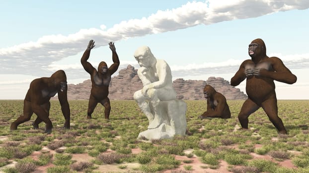 Computer generated 3D illustration with gorillas and thinker sculpture