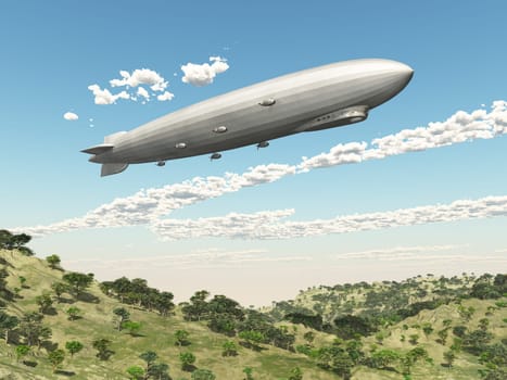 Computer generated 3D illustration with an airship over a landscape