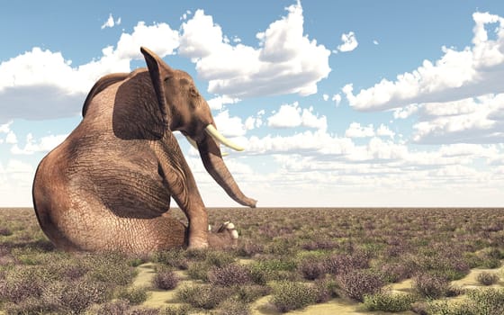 Computer generated 3D illustration with a sitting elephant in the savannah