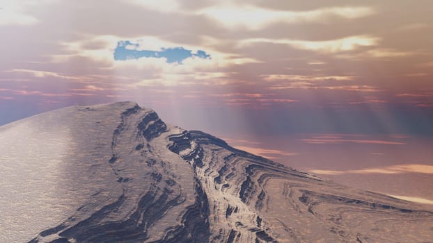 Computer generated 3D illustration with sun rays over a mountain landscape