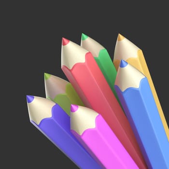 Group of seven cartoon style colored pencils on grey background