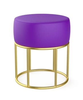 Purple leather stool with golden legs, isolated on white background