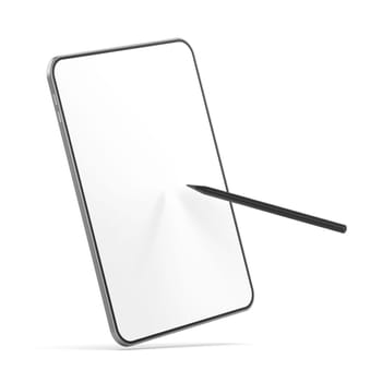 Tablet with empty screen and digital pen on white background