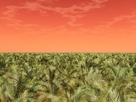 Computer generated 3D illustration with a landscape in a distant world with planet in the sky