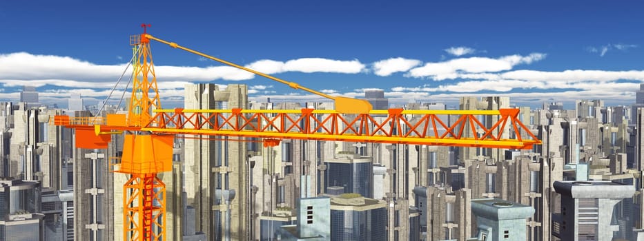 Computer generated 3D illustration with a construction crane in a big city