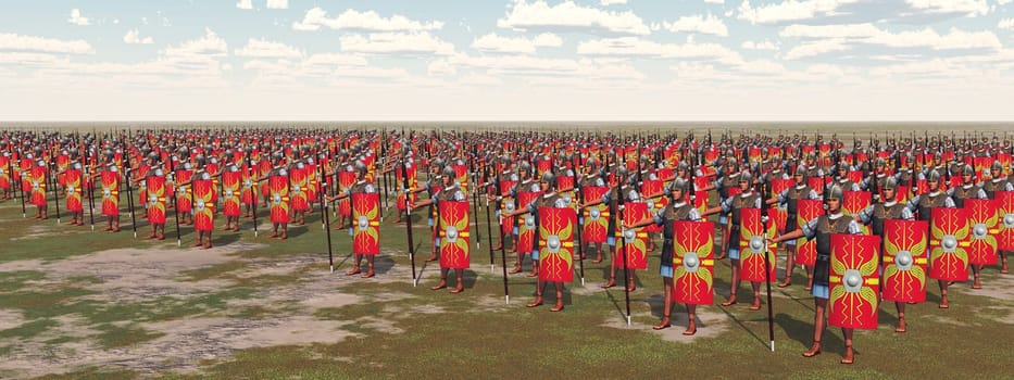 Computer generated 3D illustration with Roman legionaries of ancient Rome in a landscape