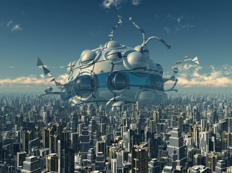 Computer generated 3D illustration with a huge spaceship in a big city